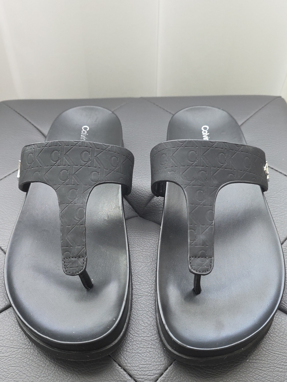 Calvin Klein Black Embossed Monogram Thong Sandals